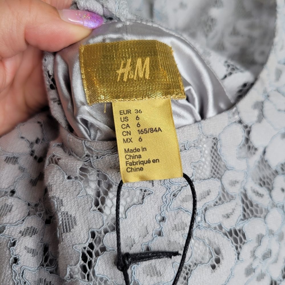 H & M Gray Silver Lace Satin Formal Dress - Picture 4 of 5